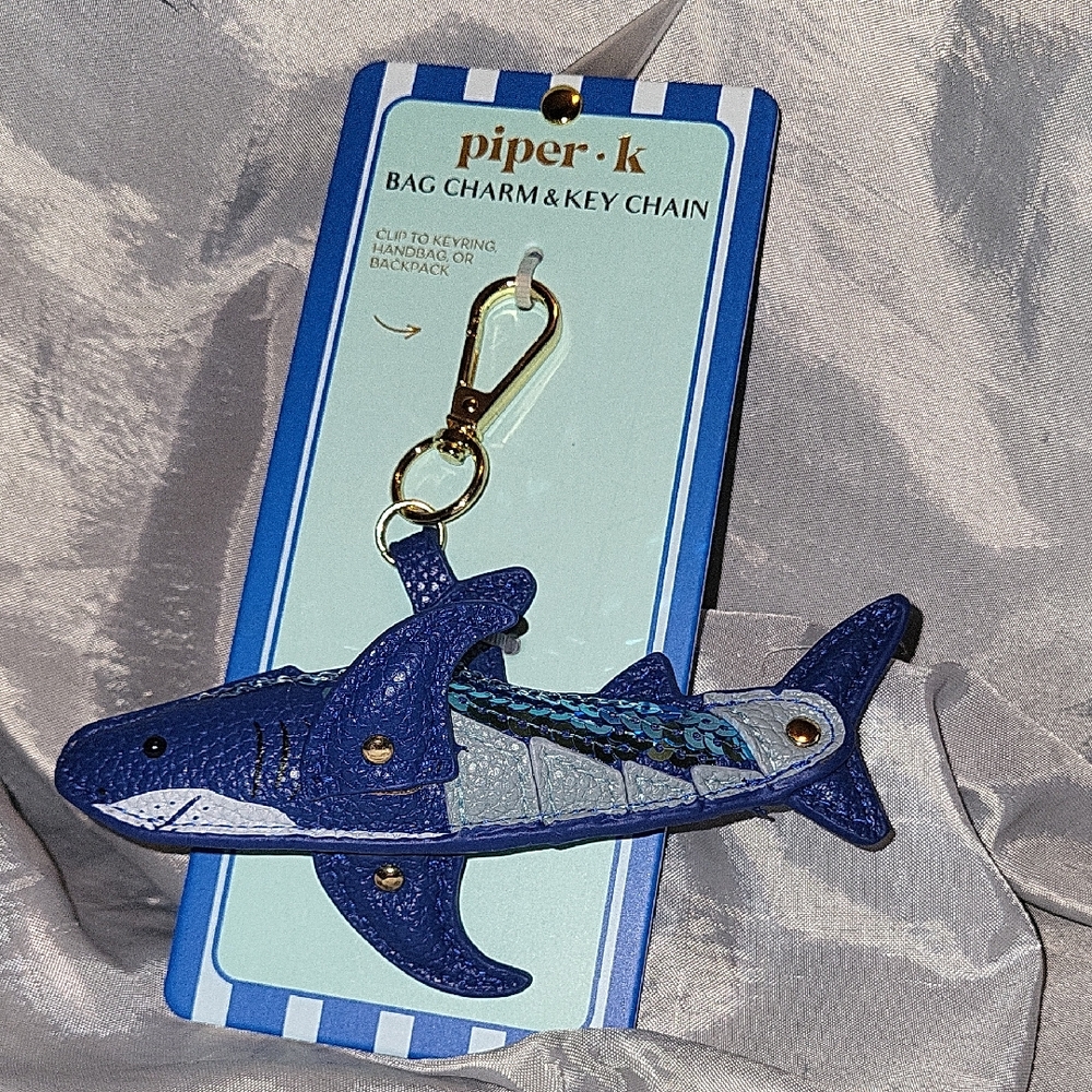 Piper K Blue Shark Bag Charm Keychain with Gold Clasp Te